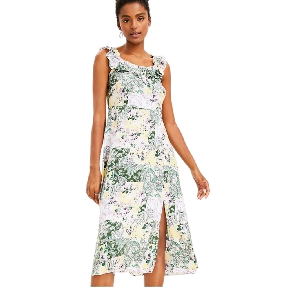 LOFT Patchwork Ruffle Square Neck Midi Dress